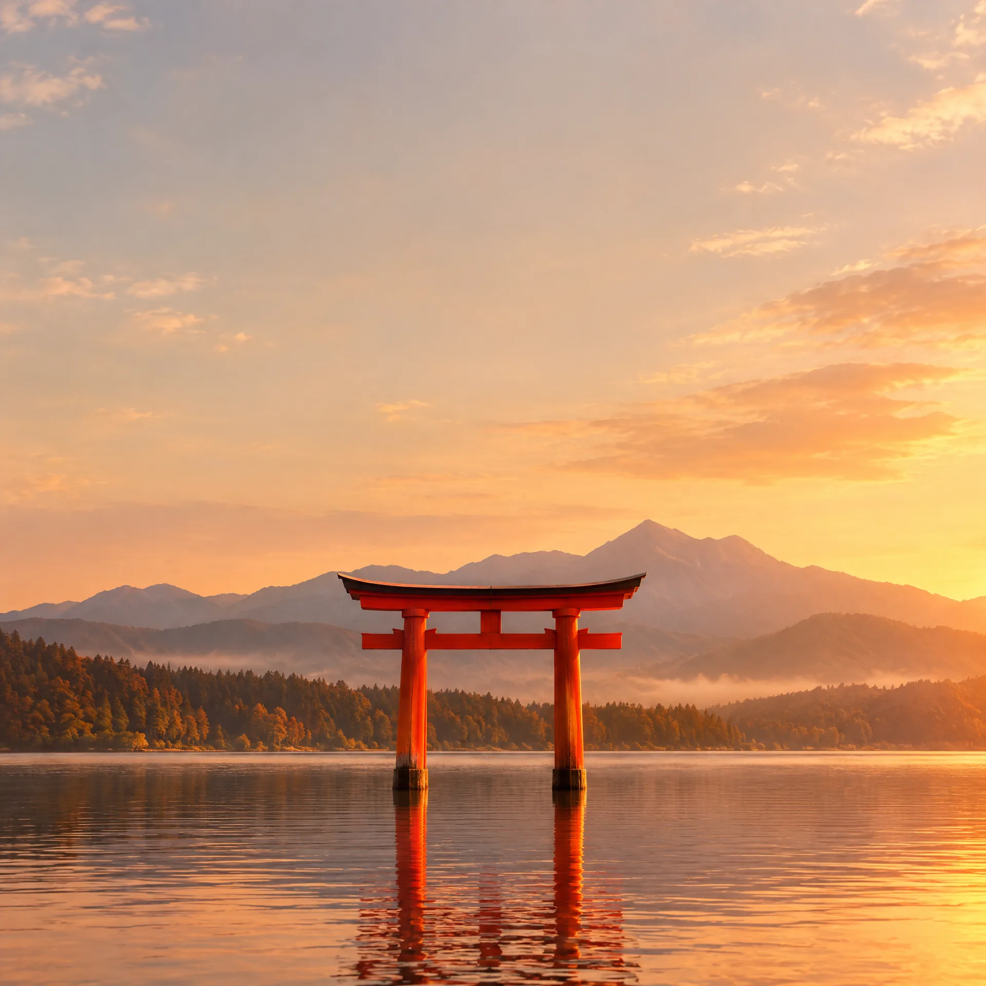 Una puerta torii de madera bermellón se alza sobre un lago en calma, al amanecer, con montañas y niebla al fondo.